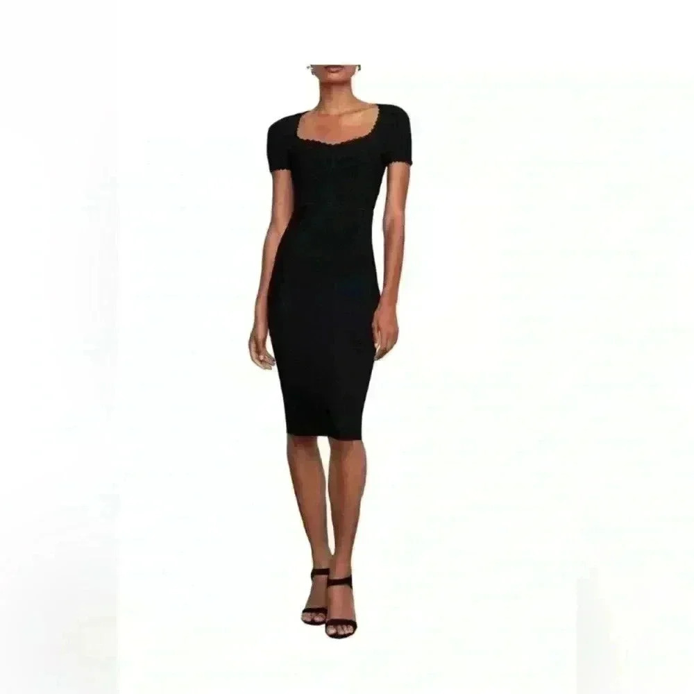 NWT-BCBGMaxAzria Bodycon Black Midi Dress Scalloped- Size Medium